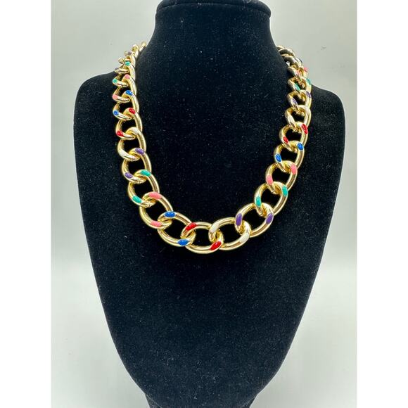 Sohi Gold Chainlink Necklace Multicolor Enamel GUC - Picture 1 of 4
